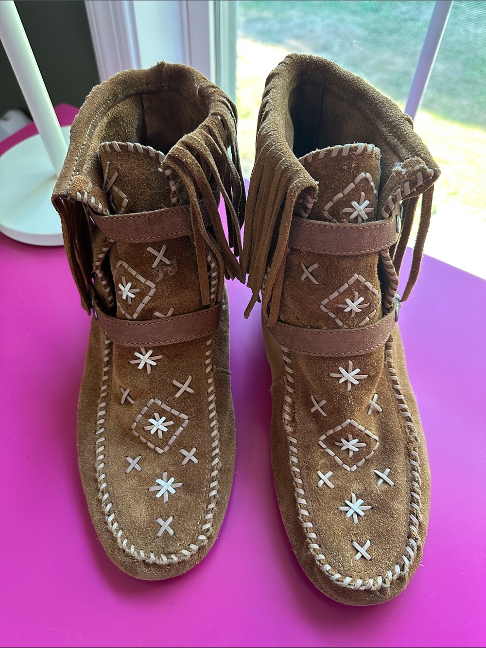 Sam Edelman Genuine Brown Suede Fringe Moccasin Boots